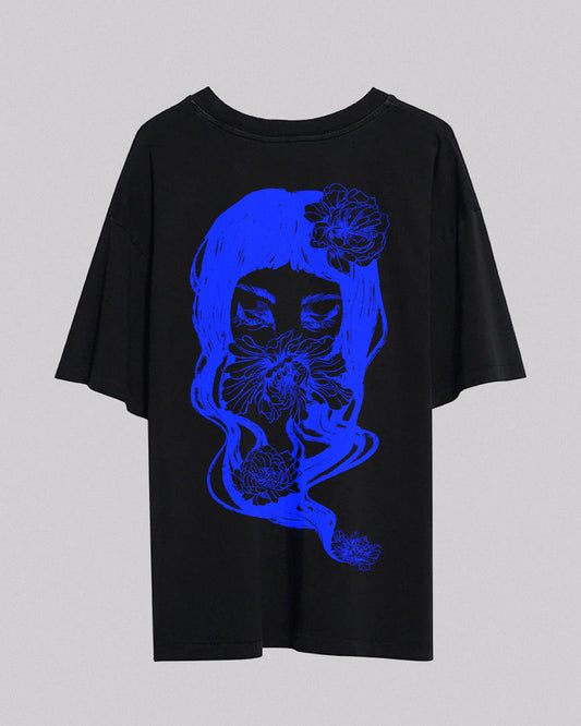 Girl in Peonies | Oversized Tee | Black + Blue