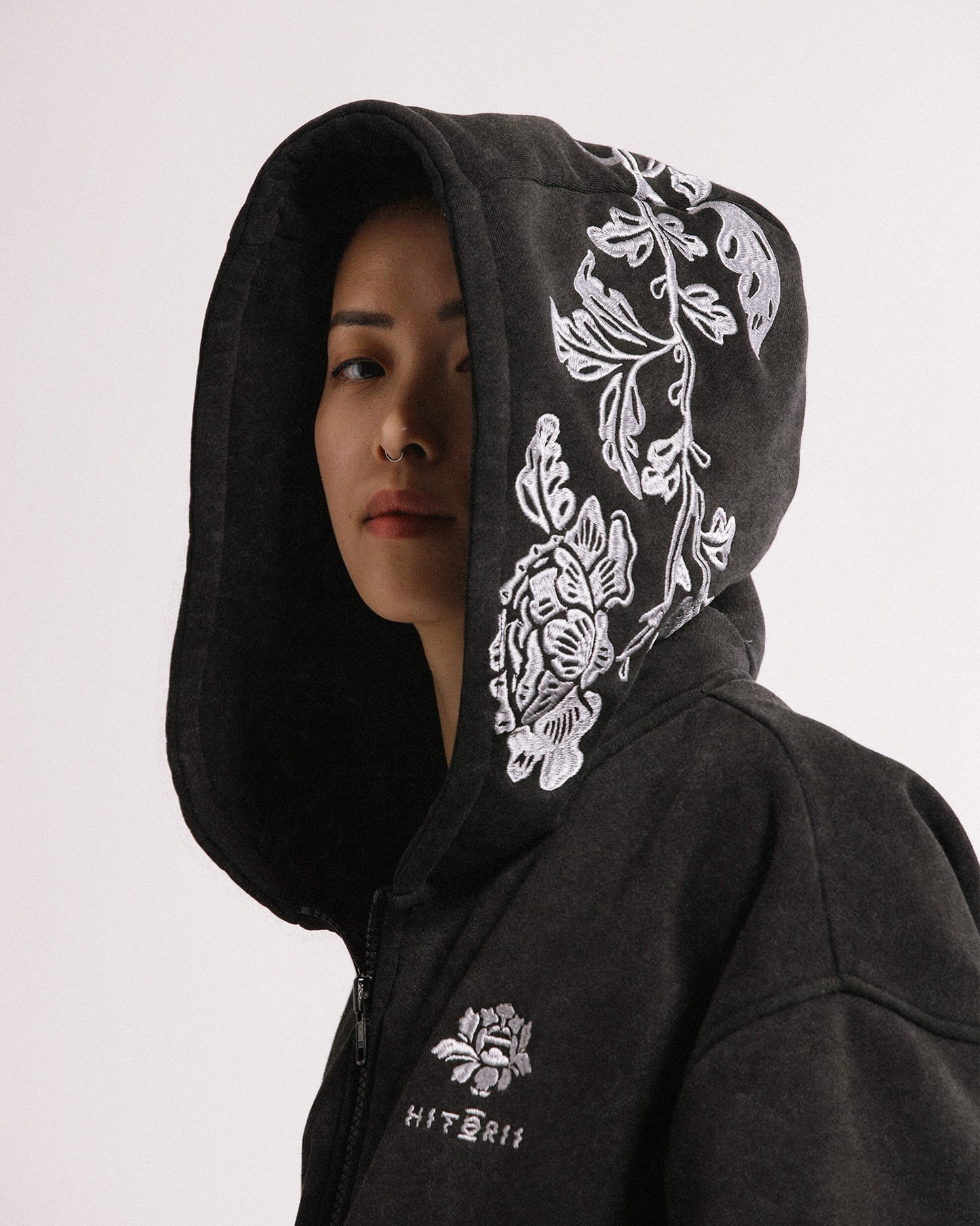 Peonies | Zip Hoodie | Black x White
