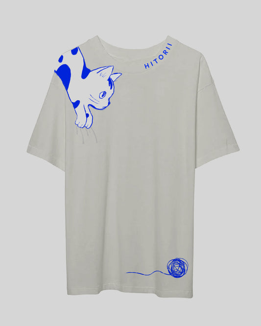 Shoulder Cat | Oversized Tee | Gray + Blue