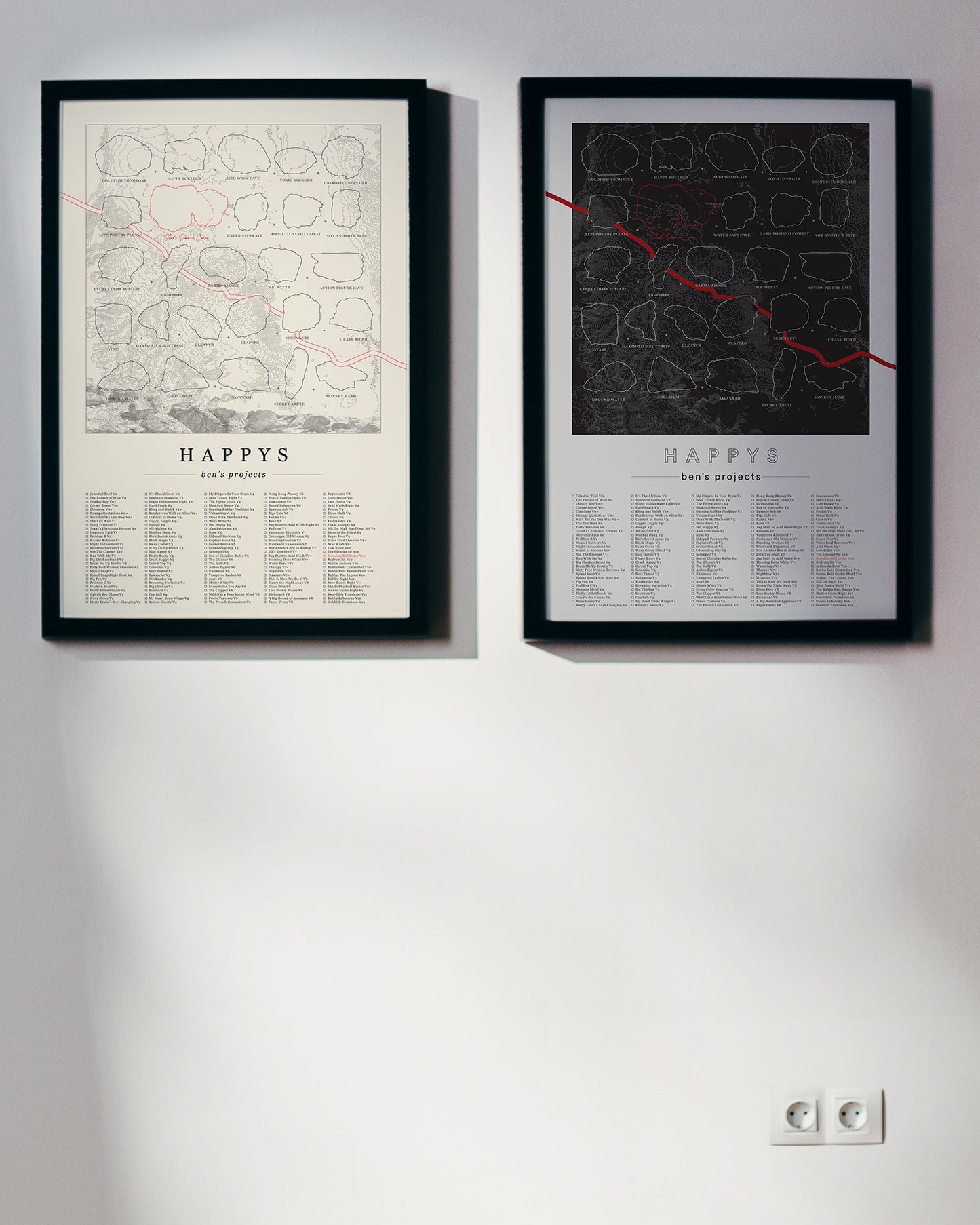 Both black and cream color, customized rock climbing ticklist posters for the Happys rock climbing location in Bishop, California. The design has an overlay of crag topography, nature landscapes, and traced boulders, the person's name, and a list of bouldering problems at the bottom. Displayed as wall art in a living room.