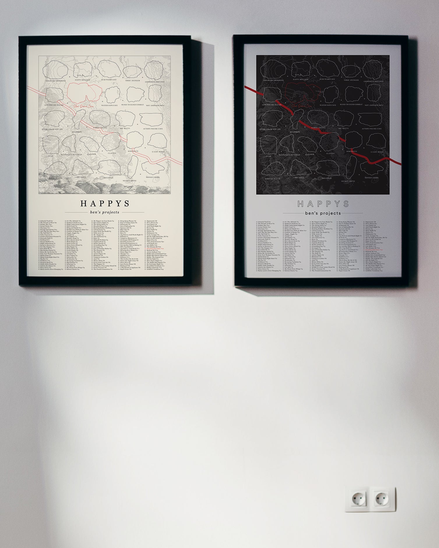 Both black and cream color, customized rock climbing ticklist posters for the Happys rock climbing location in Bishop, California. The design has an overlay of crag topography, nature landscapes, and traced boulders, the person's name, and a list of bouldering problems at the bottom. Displayed as wall art in a living room.