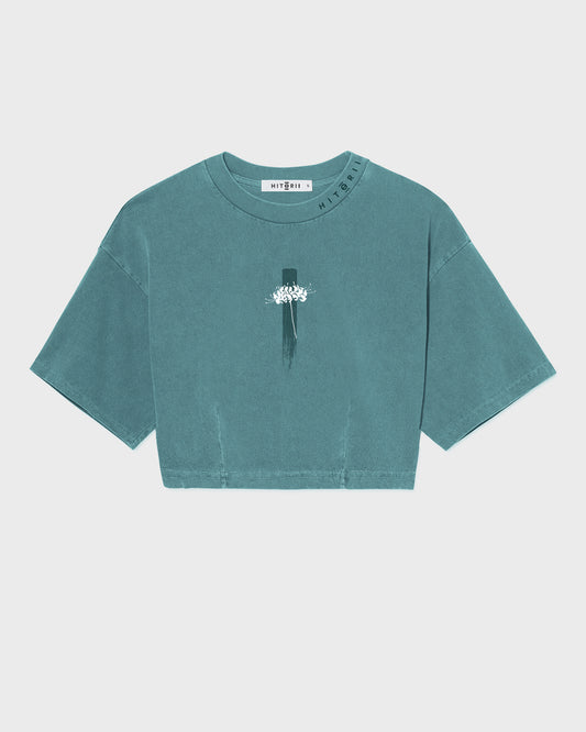 Embroidered Spider Lily | Cinch Crop Tee | Teal