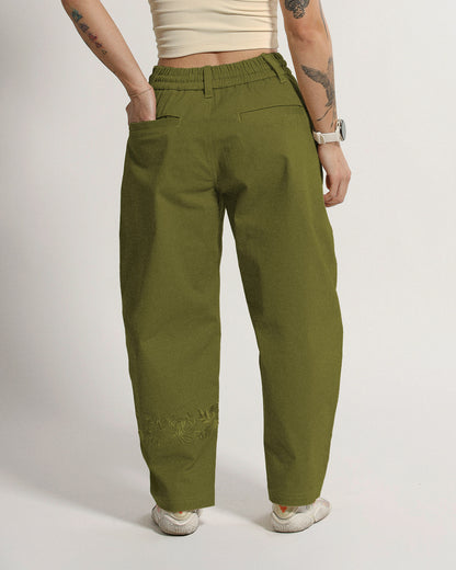 Barrel Pants | Olive Green | Peonies
