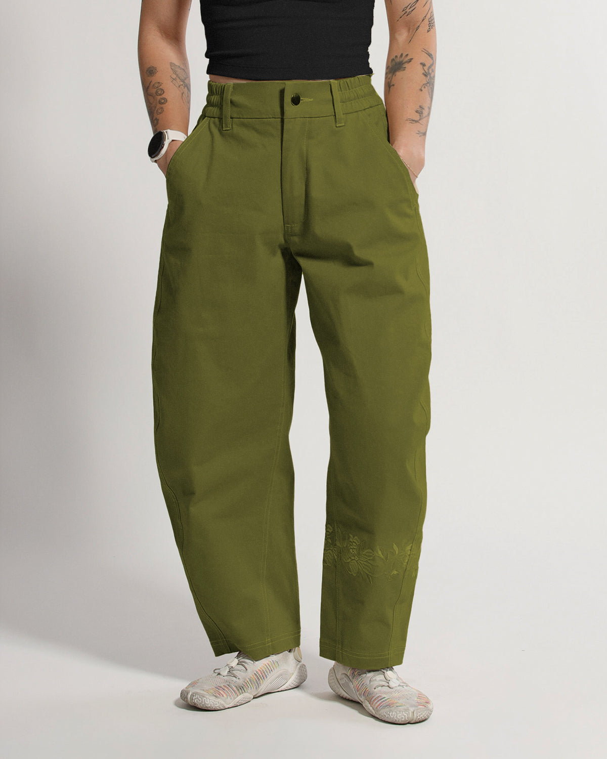 Barrel Pants | Olive Green | Peonies