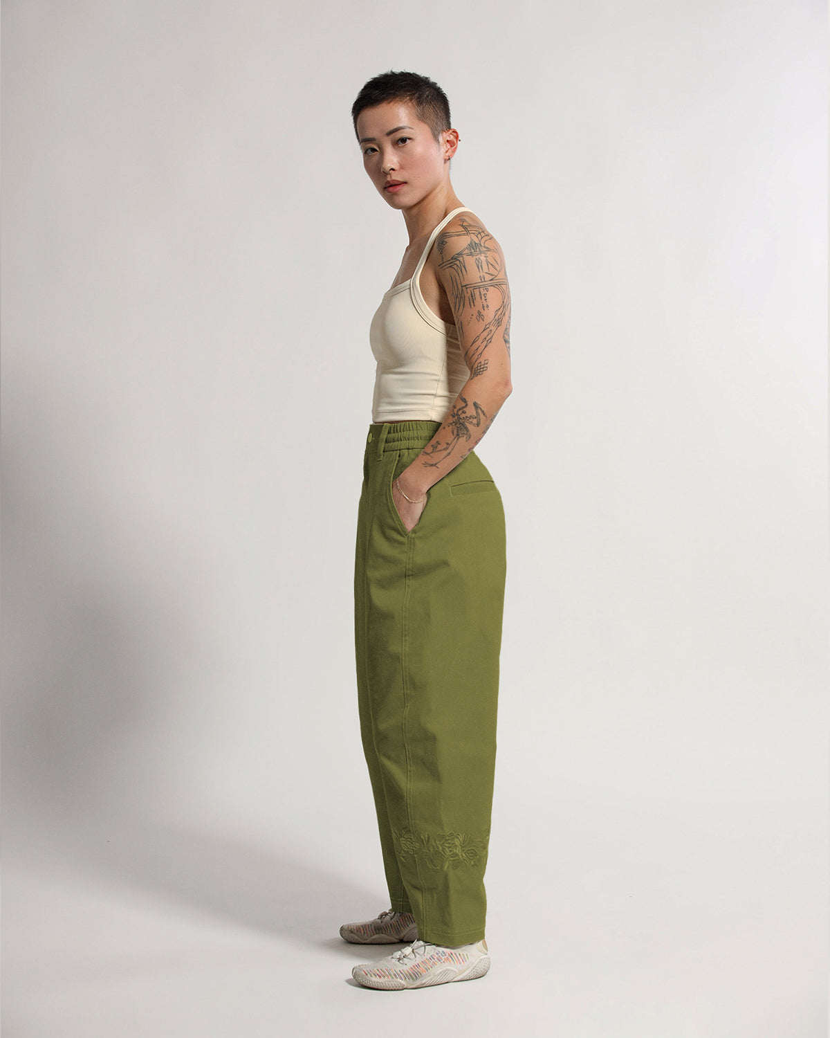Barrel Pants | Olive Green | Peonies