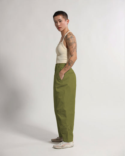 Barrel Pants | Olive Green | Peonies
