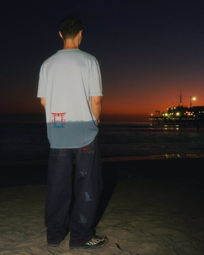 Miyajima Torii Gate | Knit Oversized Tee | Blue