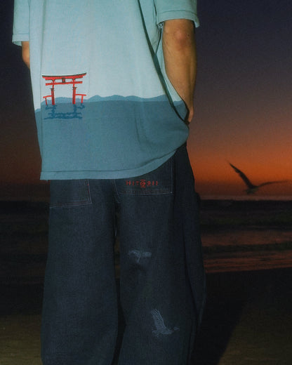 Miyajima Torii Gate | Knit Oversized Tee | Blue