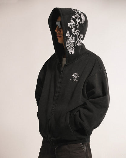 Peonies | Zip Hoodie | Black x White