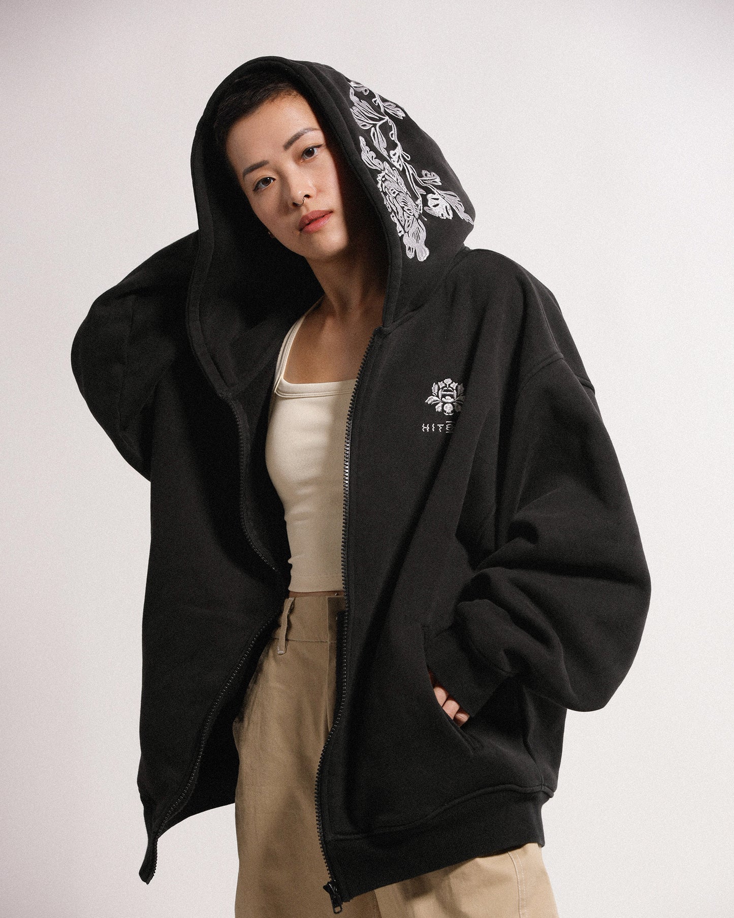 Peonies | Zip Hoodie | Black x White