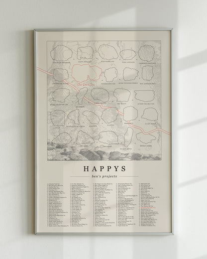 A cream color, customized rock climbing ticklist poster for the Happys rock climbing location in Bishop, California. The design has an overlay of crag topography, nature landscapes, and traced boulders, the person's name, and a list of bouldering problems at the bottom. Displayed as wall art in a living room.