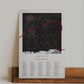 A black color, customized rock climbing ticklist poster for the Kraft rock climbing location at the Red Rocks in Las Vegas, Nevada. The design has an overlay of crag topography, nature landscapes, and traced boulders, the person's name, and a list of bouldering problems at the bottom. Displayed as wall art in a living room.